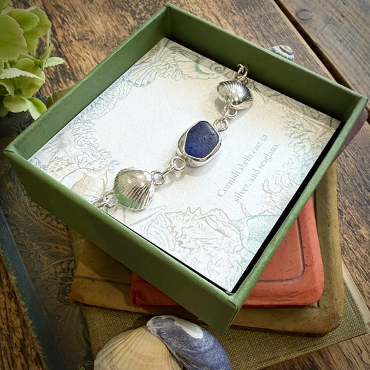 Cornish cockle shell and blue sea glass bracelet