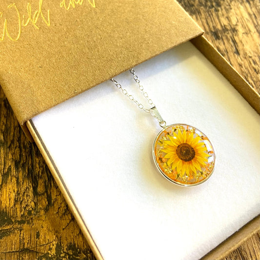 Silver full sunflower necklace