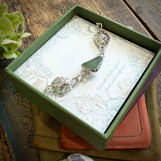 Limpet shell and pale green sea glass bracelet