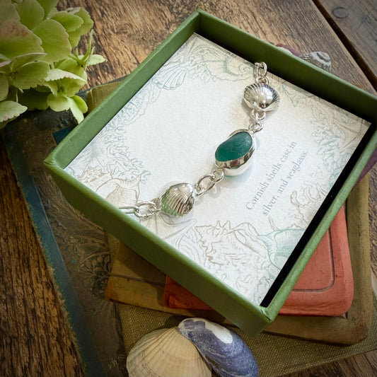 Cornish cockle shell and green sea glass bracelet