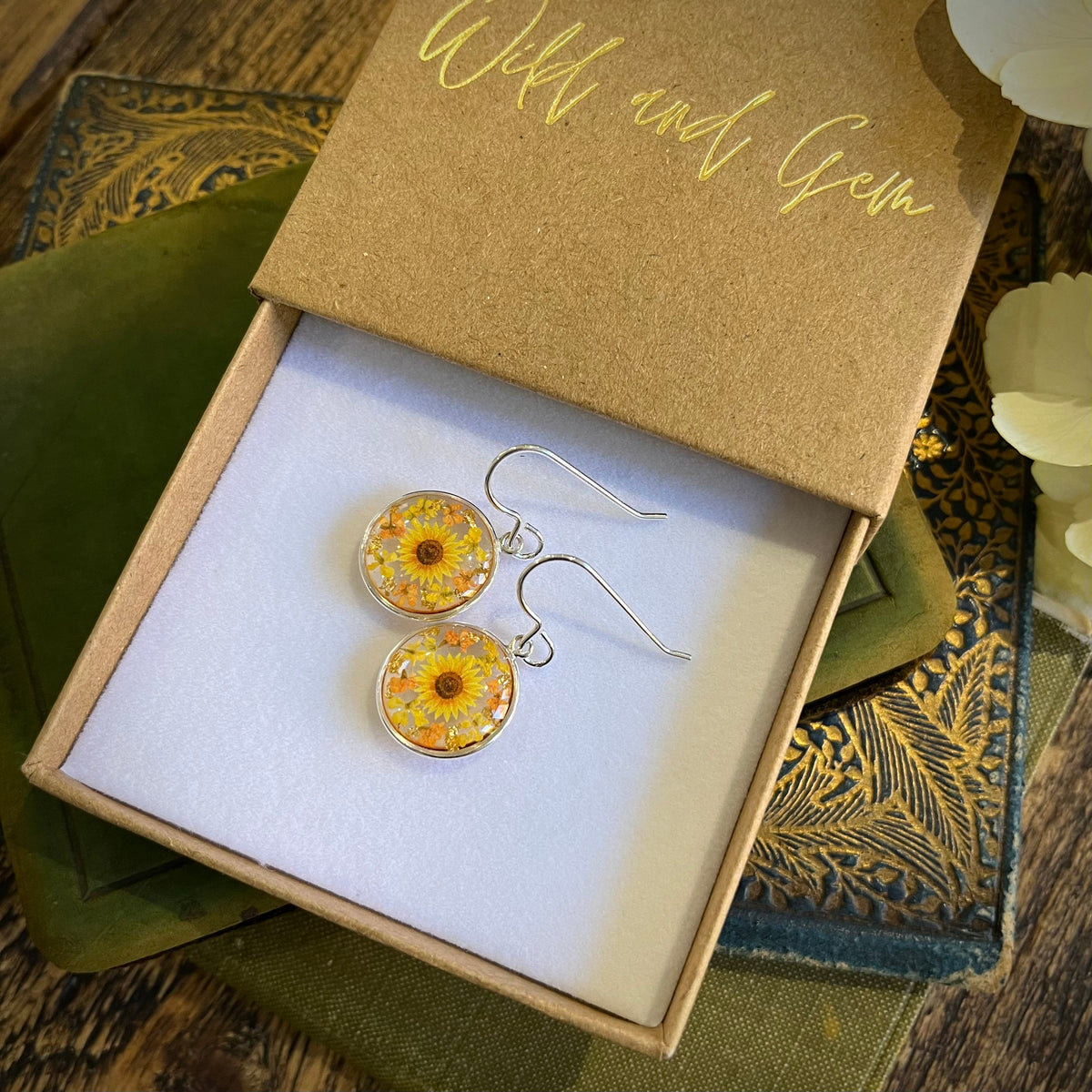 Silver sunflower earrings