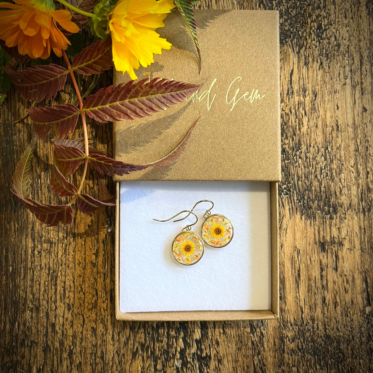 Gold sunflower earrings