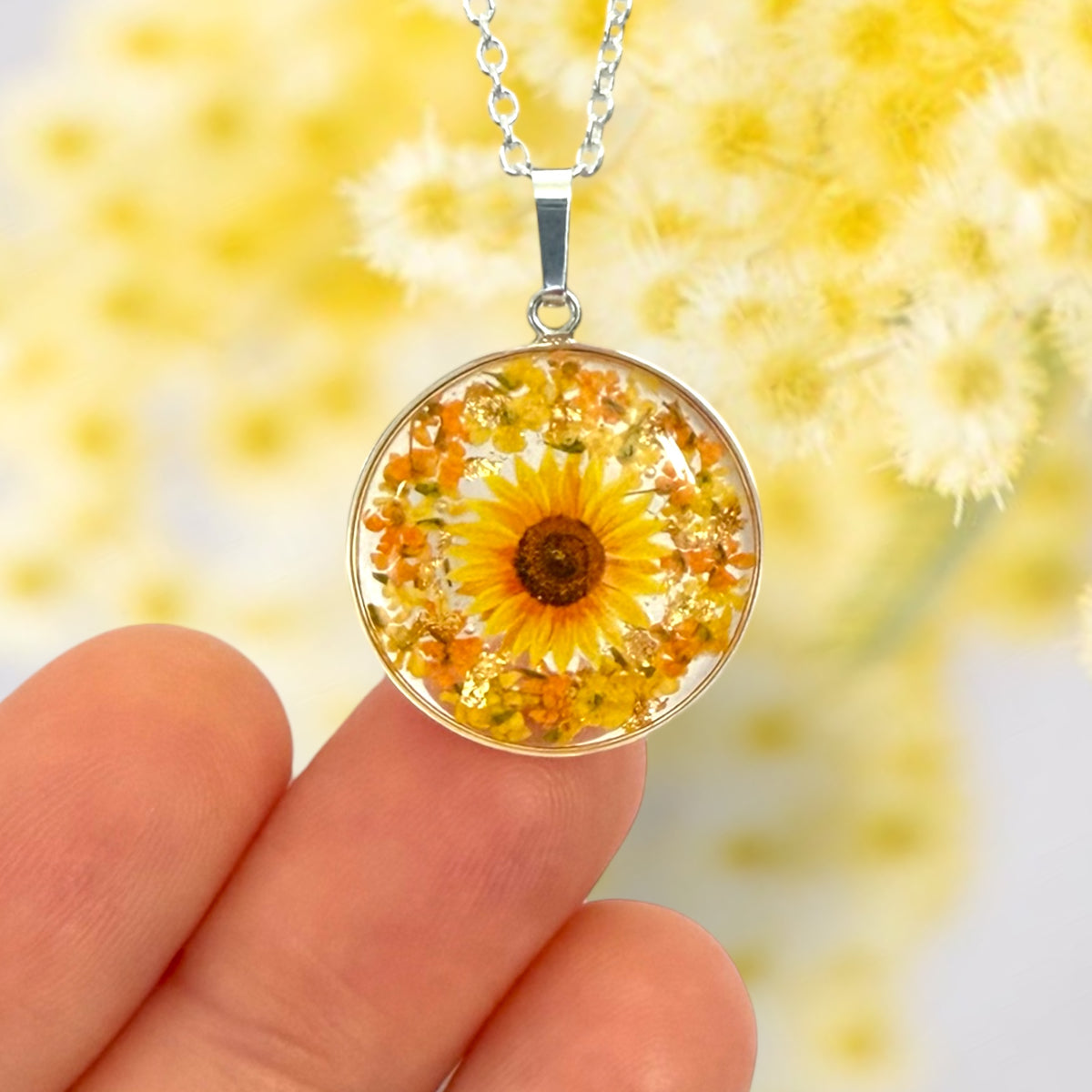 Silver sunflower necklace