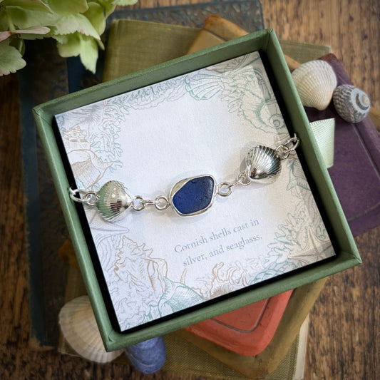 Cornish cockle shell and blue sea glass bracelet
