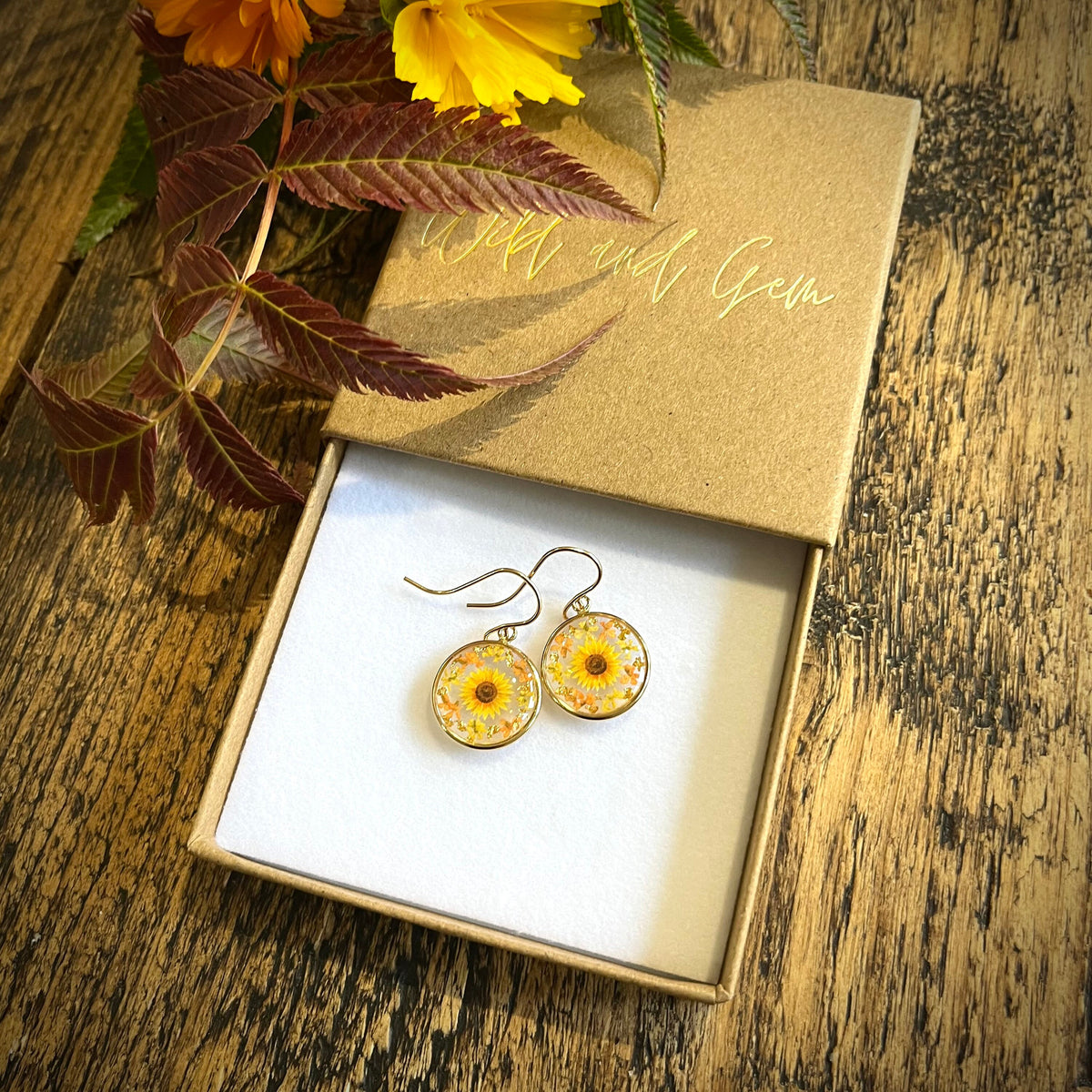 Gold sunflower earrings