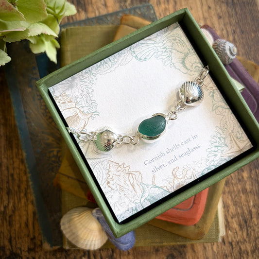 Cornish cockle shell and green sea glass bracelet
