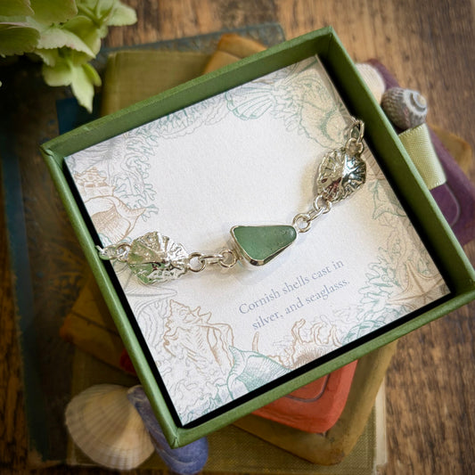 Limpet shell and pale green sea glass  bracelet