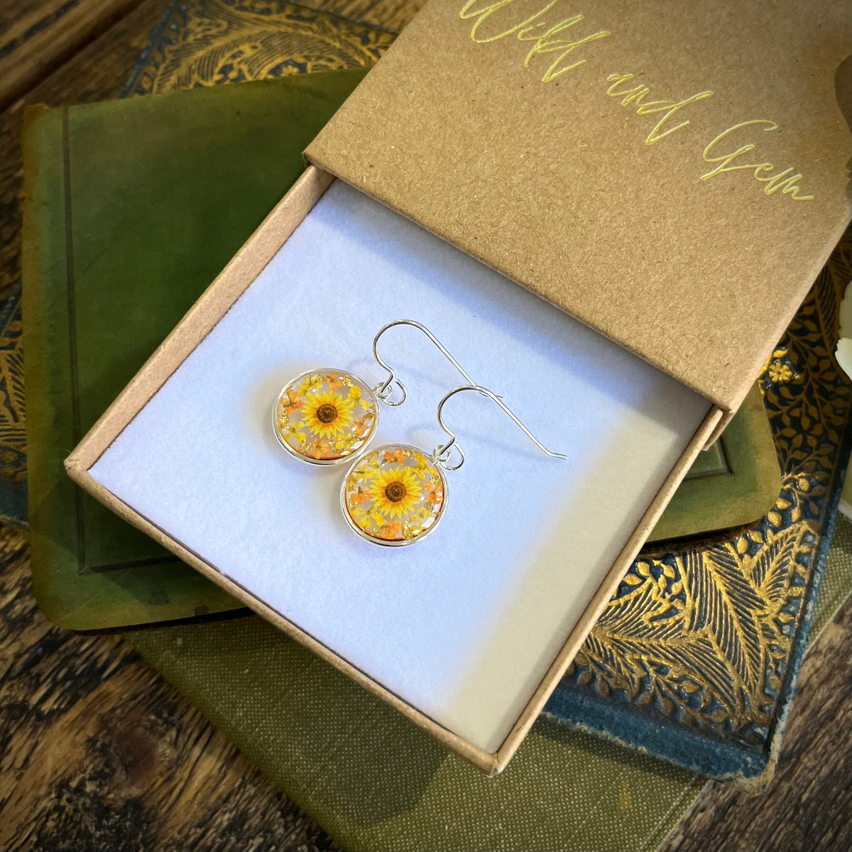 Silver sunflower earrings