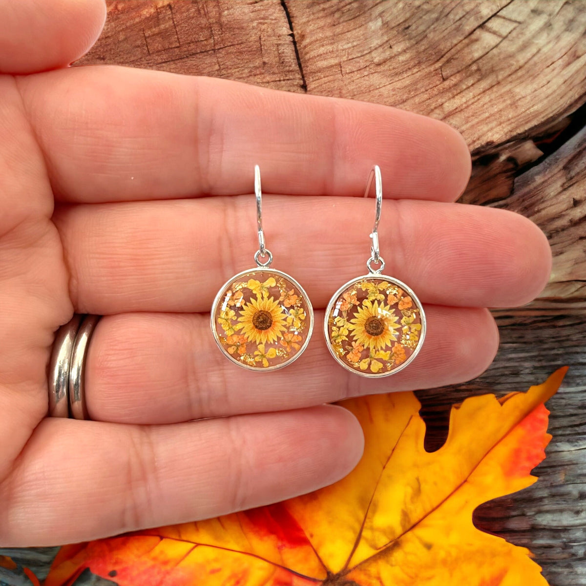 Silver sunflower earrings